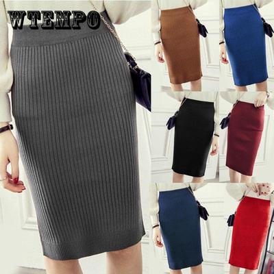 Women Knitted Pencil Skirts Autumn Winter Stretch High Waist Knee Length Slim Office Lady Bodycon