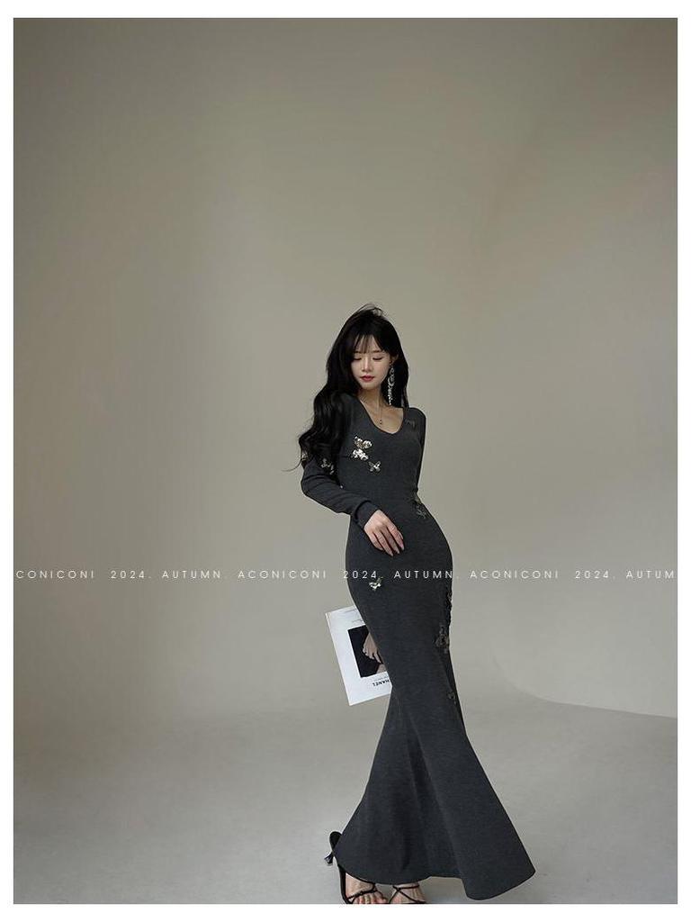 Butterfly Dream Woven Sequin Slim-Fit Mermaid Dress - Women's French Style Knit for Spring/Autumn