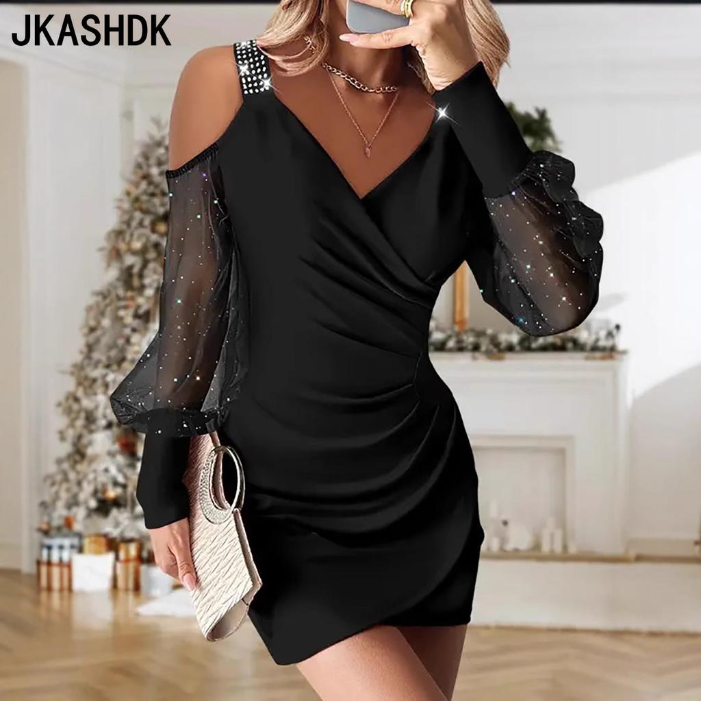 JKASHDK Women's Fashion Spring Fall Solid Color Print Long Sleeve V-Neck High Waist Casual Dresses