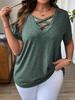 Women V Neck Cross Tie Short Sleeve T-Shirt Solid Color Casual Top