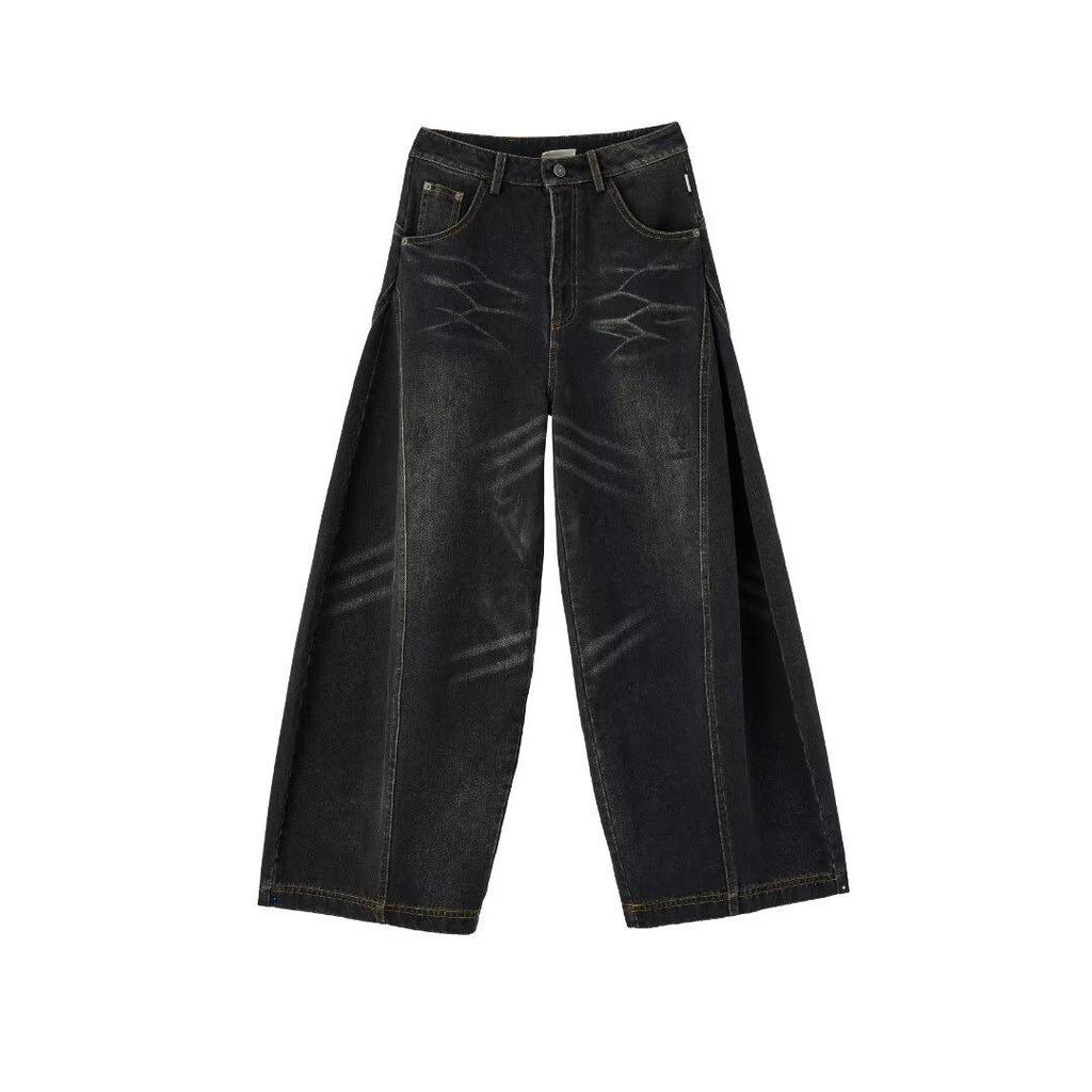 Women's Retro Black & Gray Scimitar Jeans: Autumn/Winter Baggy Wide-Leg Bloomers