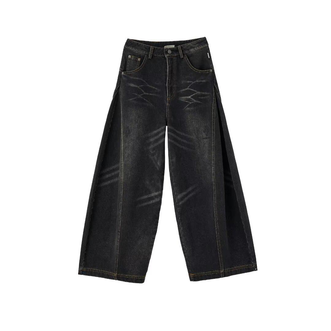 FluxZone Women's Retro Black & Gray Scimitar jeans: Autumn/Winter Baggy Wide-Leg Bloomers 3XL