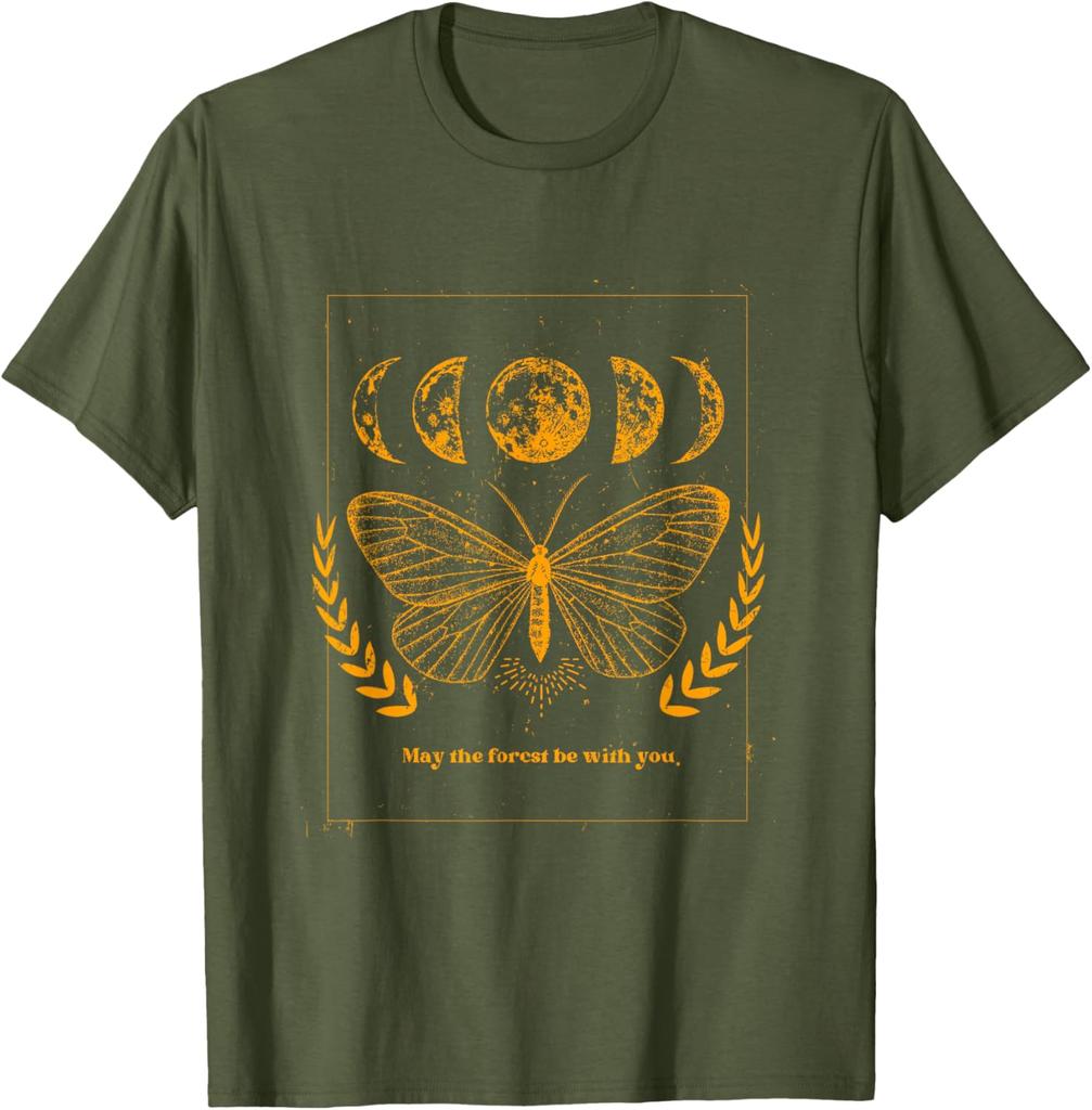 Celestial Butterfly Moon Phases Forest Wish Graphic Tee Casual Crewneck T-Shirt For Men