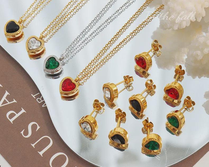 French Niche Multi-Color Zircon Love Pendant Necklace & Earrings Set