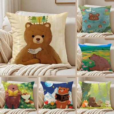 Cute Brown Bear Animal Cushion Cover Pillowcase Anti-Dustmite Invisible Zipper Short Plush Sofa Cushion