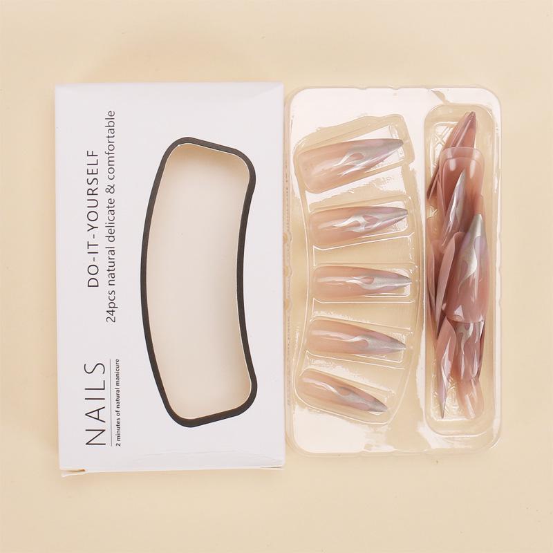24-Piece Silver Flame Long Teardrop Nude Nail Art Set - Wearable, Removable Fake Nails