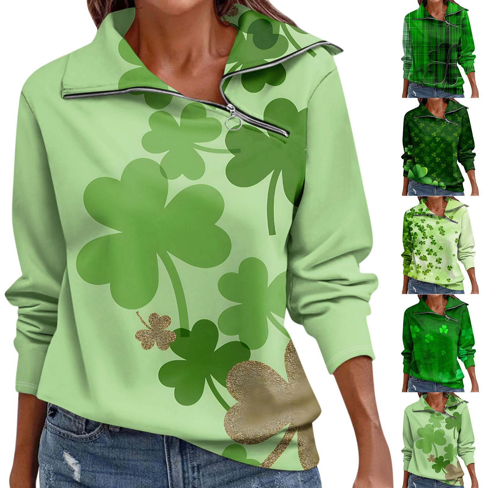 

Мода Свободный Для Женщин St. Спортивный свитер с принтом ко Дню Патрика, повседневный топ с V-образным вырезом и длинными рукавами, на молнии XXL