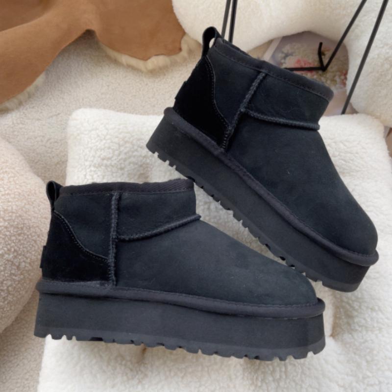 Bottes de neige à plateforme en peau de mouton véritable pour femme, augmentation de hauteur de 4 cm, enfilables, bottines cheville, chaussures d'hiver chaudes pour femme