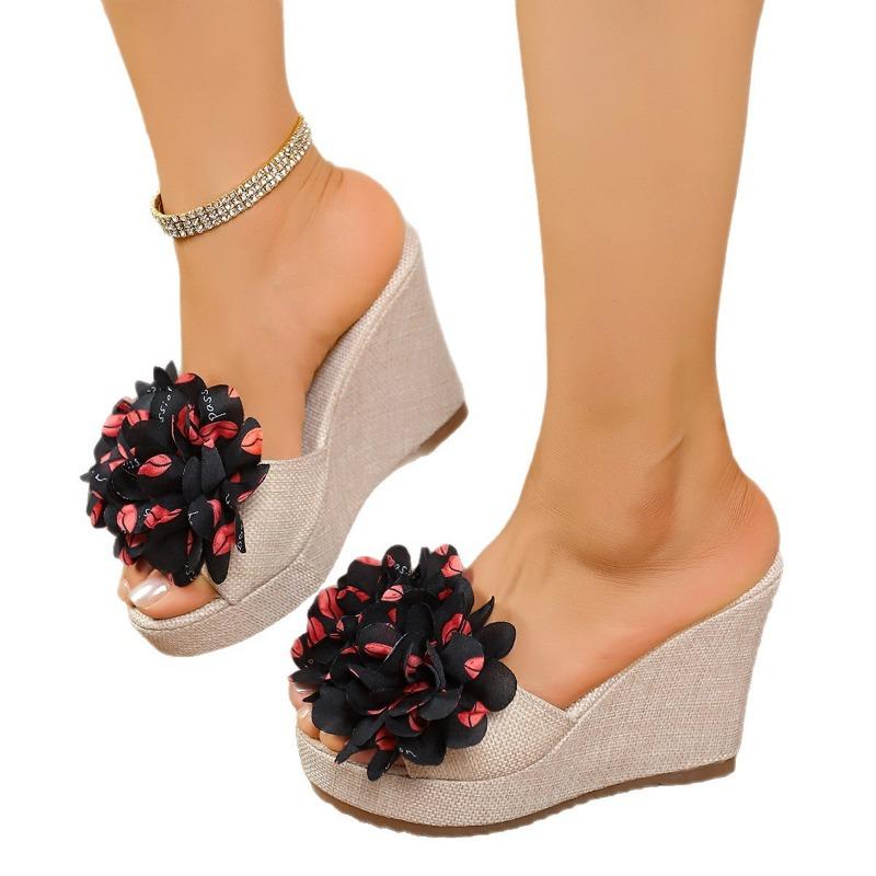 Summer new muffin wedge heel one-word slippers women's thick bottom sweet flower outer wear fashionable super high heel slippers