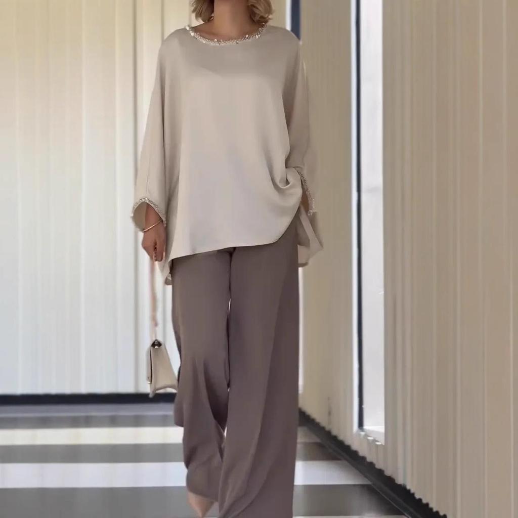 2025 European & American Acetate Casual Two-Piece Suit: Comfy Round Neck, Hot Drill, Long Sleeve for Versatile Commuting