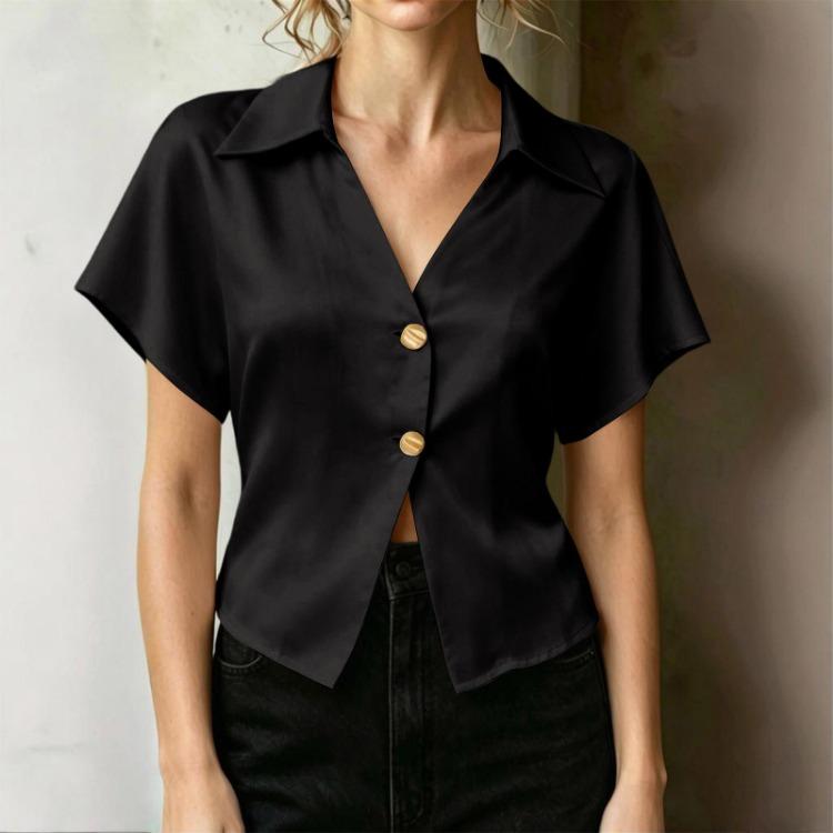 Summer Casual Satin Crop Top Women Lightweight Short Sleeve V Neck Blouse Button Front Relaxed Fit S чёрный