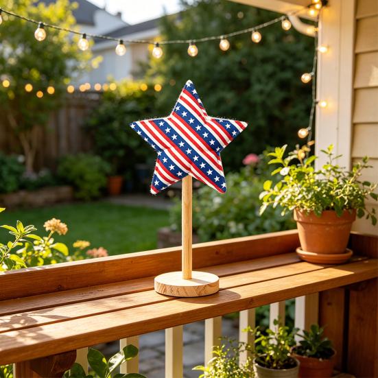 6 Pcs 4th of July Star Ornaments for Tiered Tray Decor, Patriotic Stuffed Fabric Star with Stand, American Blue