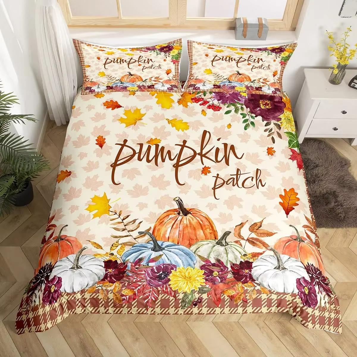

Pumpkin Soft Duvet Cover Set Maple Leaves Beding Sets Thanksgiving Plant Patern Warm Comforter Cover Set Autumn Harvest Farmhouse Decor 135*200cm Eu-Single
