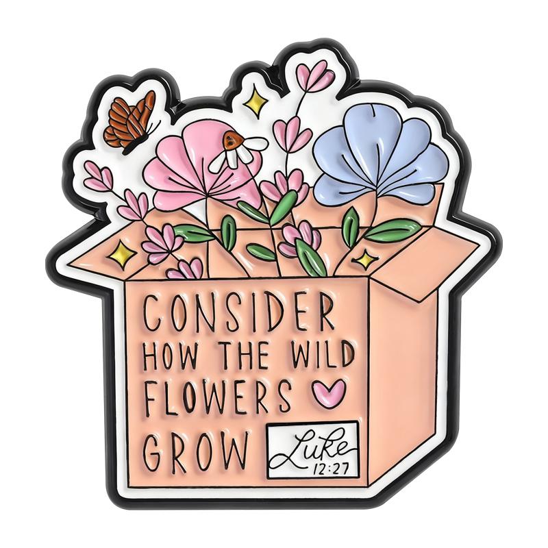 Floral Box Cup Enamel Pins Flowers Self Care Quotes Brooches Lapel Badges Plant Inspiring Jewelry Gift for Kids Friends