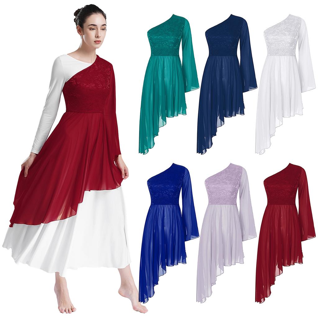 Women Church Choir Worship Dress Liturgical Praise Lyrical Dance Performance Dancewear Flared Sleeve Lace Ballet Dance Costume