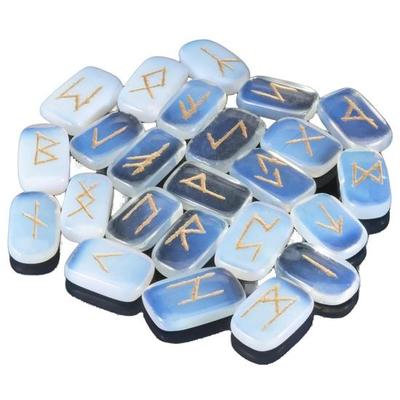 Crocon Opalite Rectangle Rune Set | 25pcs | Elder Futhark Alphabet Engraved | With Pouch | 20-25mm