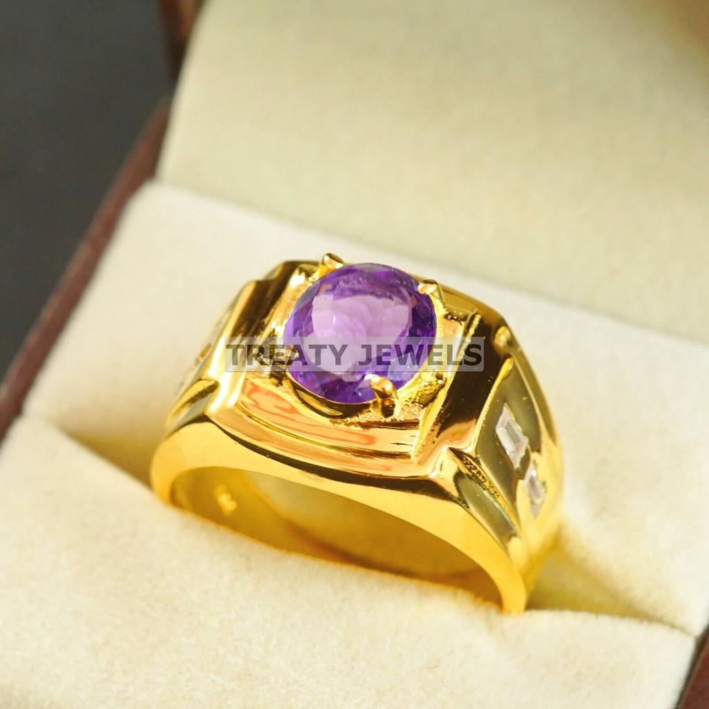 Amethyst Oval Cut With 925 Sterling Silver Gold Plated Ring For Men's #A676 JL375658847179