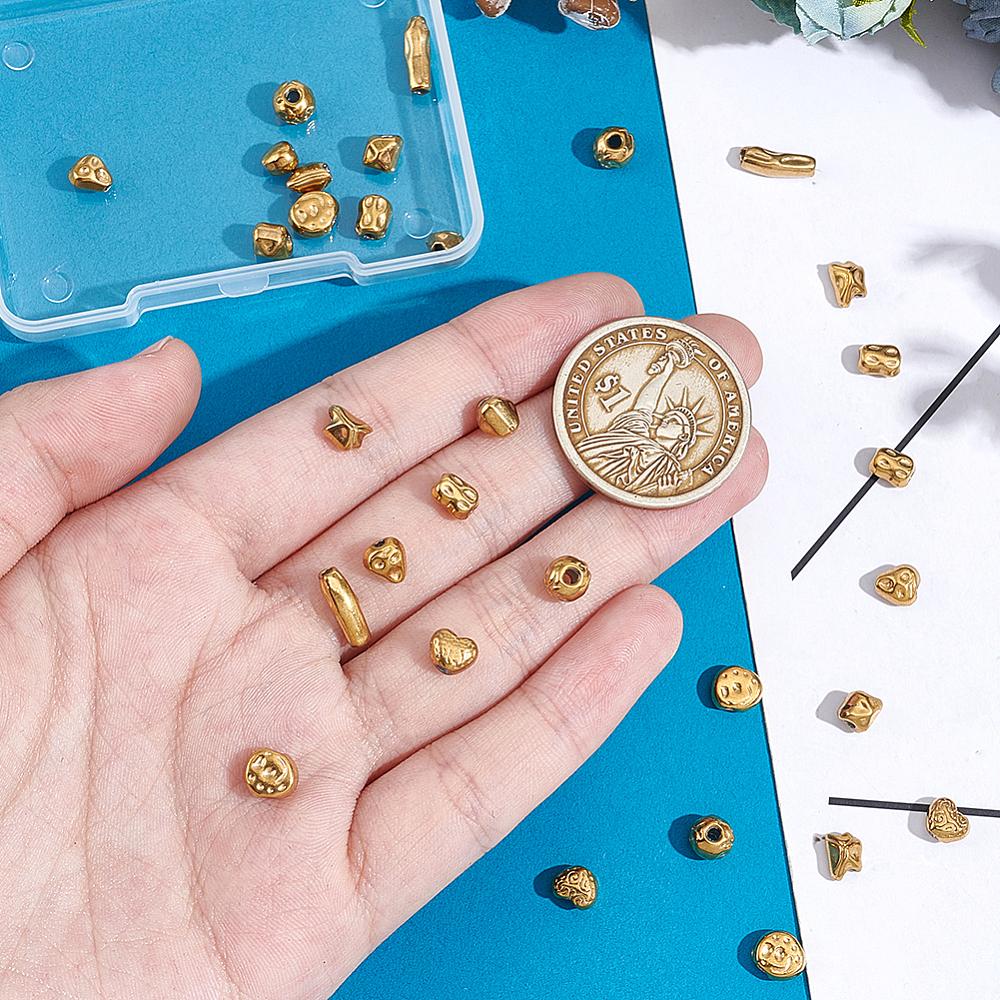 1set 32pcs 8 Style 304 Stainless Steel Beads Round & Oval & Heart & Flat Round Golden 5~11x4~7x3.56mm Hole: 1.2~1.8mm 4pcs/style