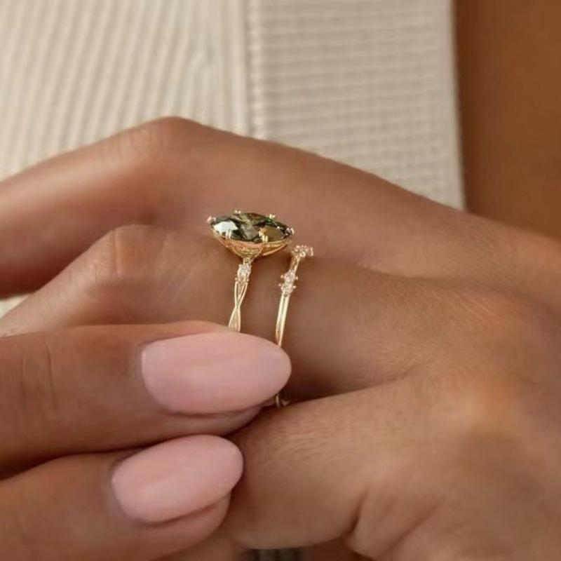 Elegant Women Rings Gold Color Round Green White Stone Rings Party Accessories Gift