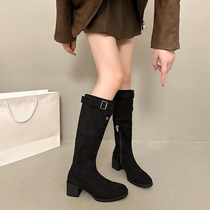 Cow Suede Tall Boots Fall Winter New Round Toe Side Zipper Belt Buckle Soft Sole Non-Slip Block Heel Boots