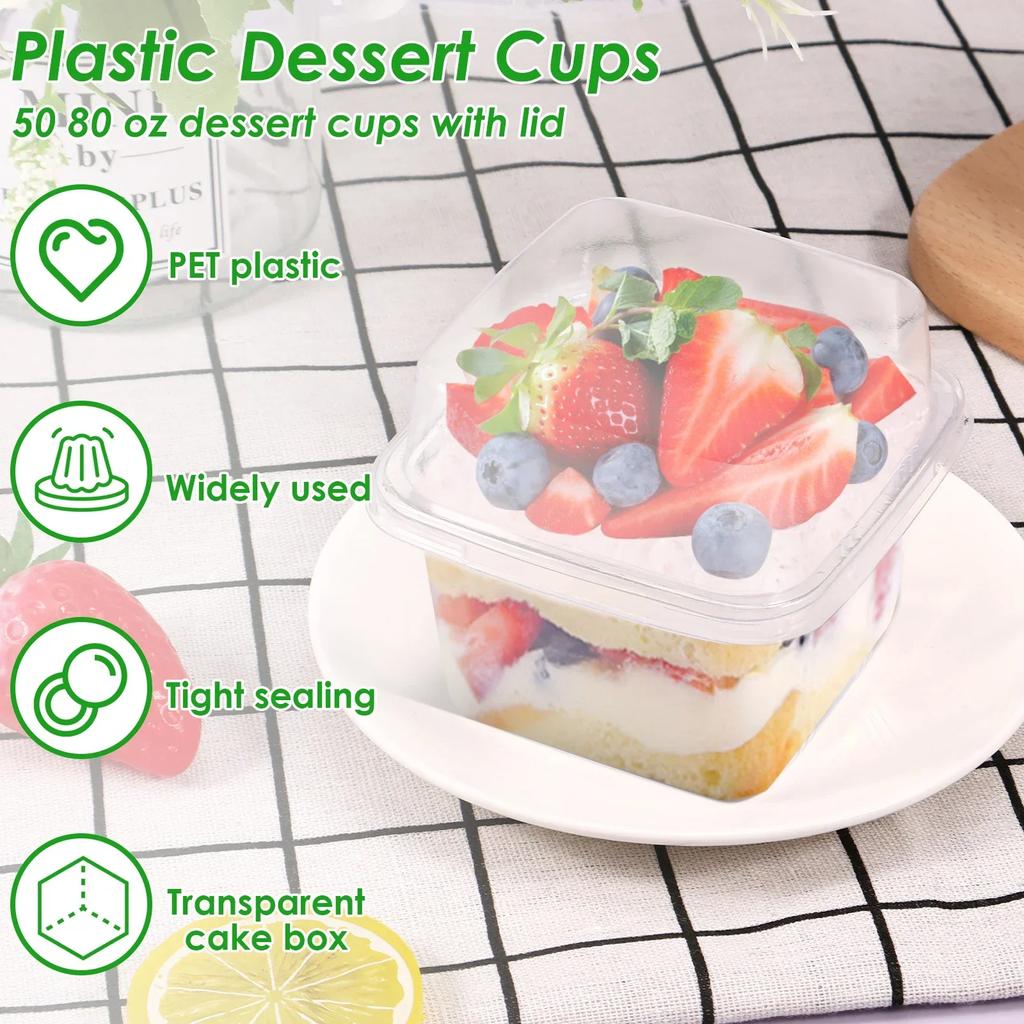 100PcsMultipurpose Dessert Cups with Lids 8oz Reusable Cupcake Container Clear Square Single Dessert Box Sealed Cake Storage Box