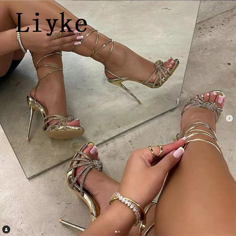 Fashion Liyke Elegant Party Sandals Female Rhinestones Narrow Band Open Toe Ankle Cross Lace Up High Heels Stiletto Wedding Shoes Women