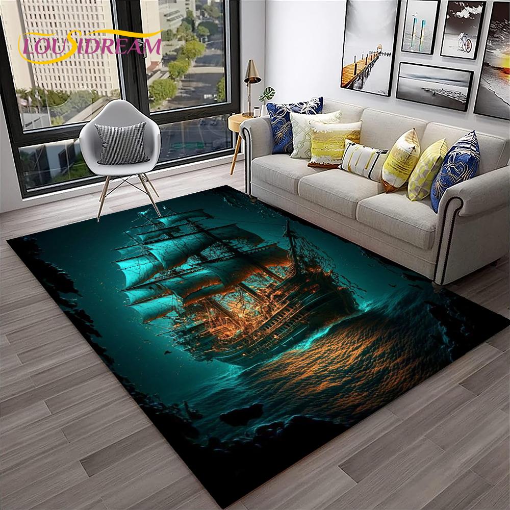 3D Pirate Ship Boat,Sailboat,Barque Carpet Rug for Home Living Room Bedroom Sofa Doormat Decor,kids Area Rug Non-slip Floor Mat