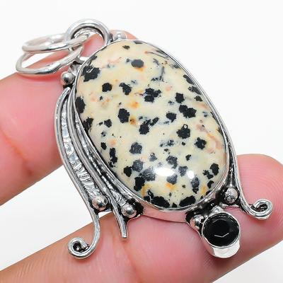Natural Dalmation Jasper, Spinel Gemstone 925 Sterling Silver Pendant 2.09" H3G69