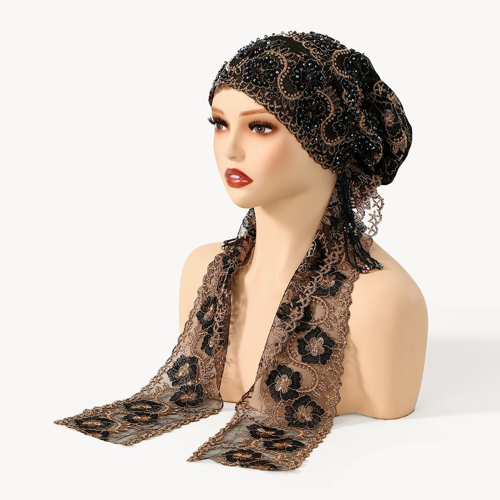 Ribbon Bead Embroidered Lace Hat Caps Woman Muslim Hijabs Dubai Ribbon Style Bonnet Gorgeous Party Style Turban Femme Ramadan