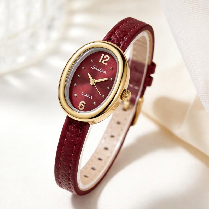Sunlifex Fashion Oval Quartz Watch Women Leather Strap Ankora Red Luxury Minimalist Style