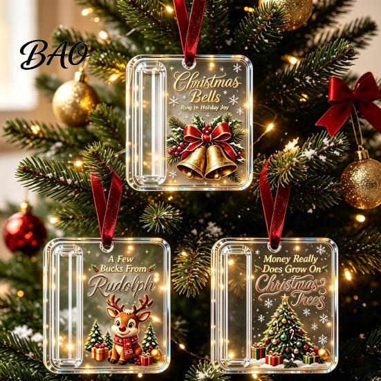 Festive Cash Gift Envelope 3 Pcs Christmas Ornament, Acrylic Money Holder for Cash, Clear Decorative Hanging Box Xmas Tree Decoration, Holiday