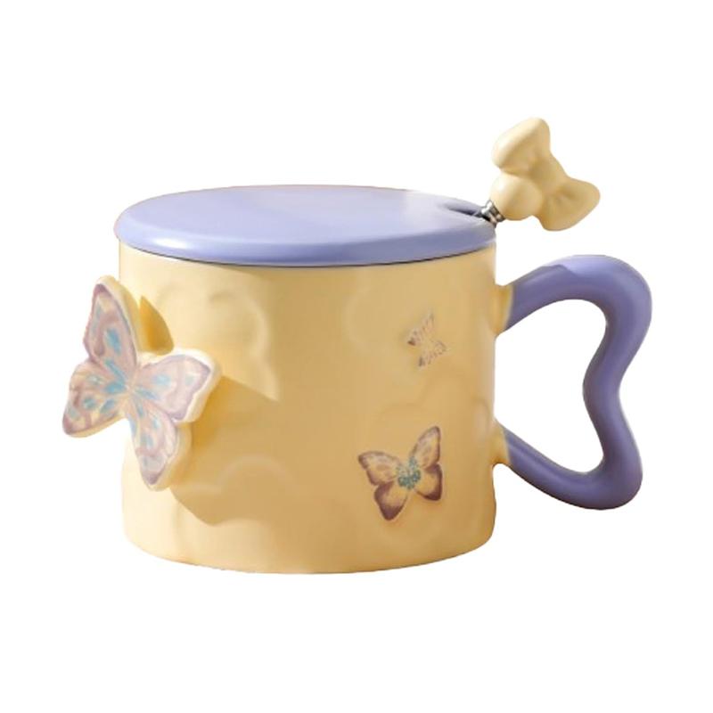 

Элегантный набор керамических кружек с бабочками, с крышками и ложками, многоразовые кофейные кружки, идеально подходящие для кофе, чая и напитков для завтрака. синий
