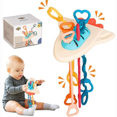 Pull String Sensory Toy, Montessori Learning, Food Grade Silicone Teething Toys, Fun Travel Toys for Toddler Infant Gift (with Sound of Rattle Ball)