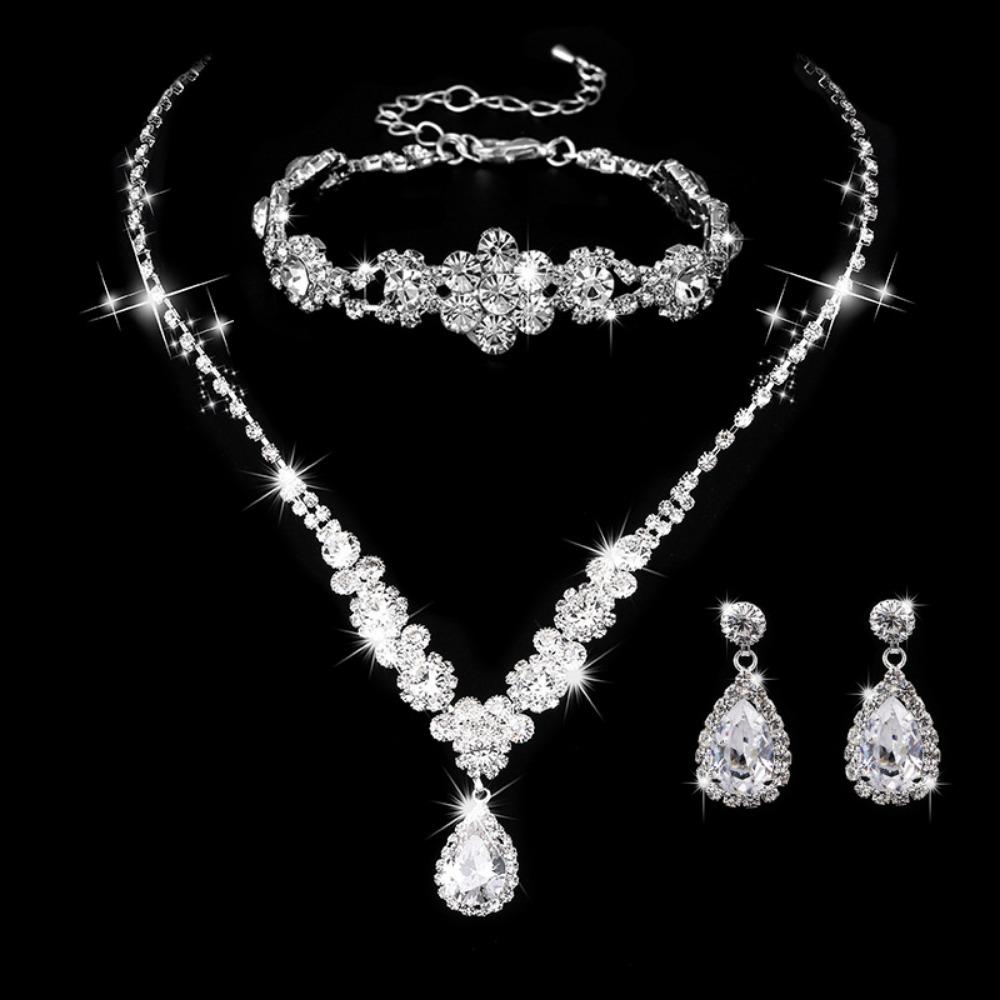 Wedding Jewelry Set Three-piece Set Bright Rhinestones Zircon Angel Teardrop Necklace Earrings Bracelet