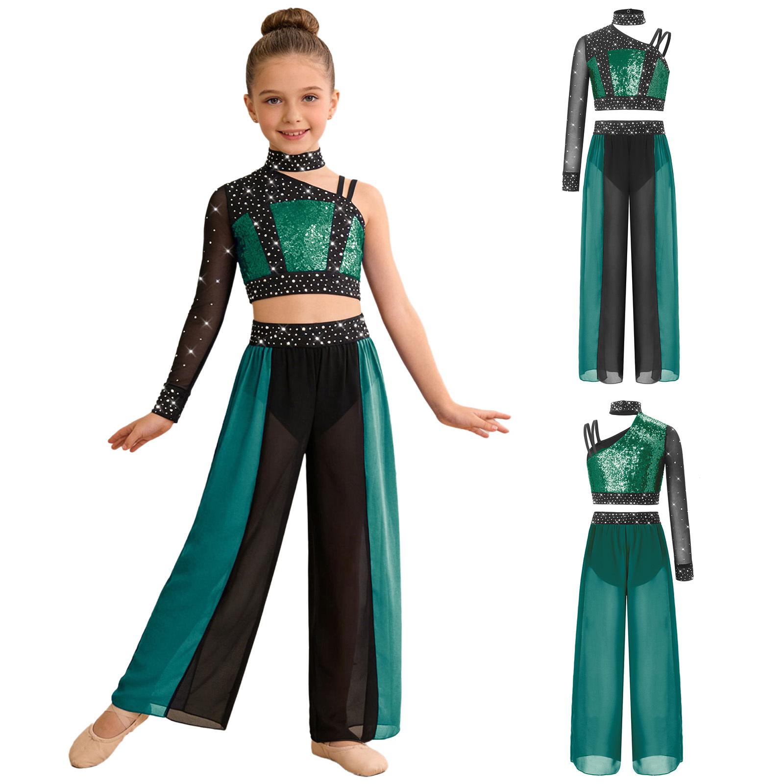 

Girls Mesh Long Sleeve Shiny Sequins Crop Top Split Flowy Chiffon Pants Lyrical Dance Set 7-8 Years зелений