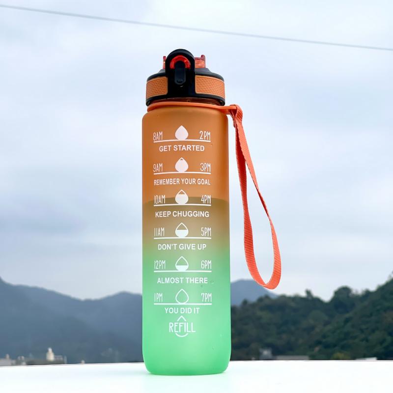Leakproof Portable Gradient PC Sports Water Bottle with Time Marker,Lockable Lid,Silicone Straw,Fitness&Outdoor Motivational