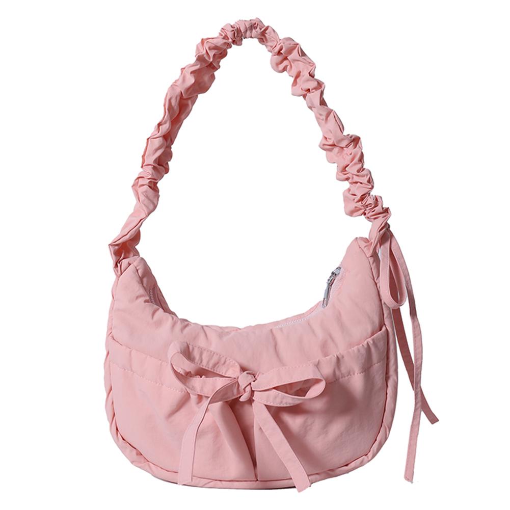 Women Casual Underarm Bag with Ruched Drawstring Strap Bow Leisure Satchel Bag Solid Color Cute Sling Bag Female Daily Handbag