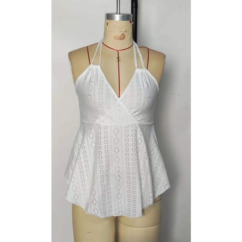 Womens V Neck Wrap Tank Top With Eyelet Embroidery Spaghetti Strap Casual Peplum Sleeveless Blouse