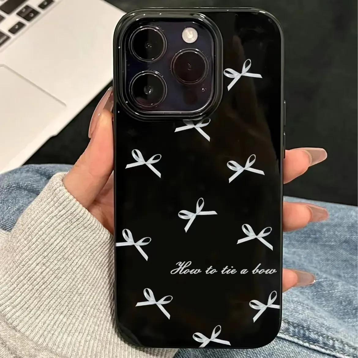 

INS Korean Full screen Small Bow Black Phone Case for iPhone 17 16 15 14 13 12 11 Pro Max X Plus Air Glossy Film Hard PC Cover iPhone 14 Pro