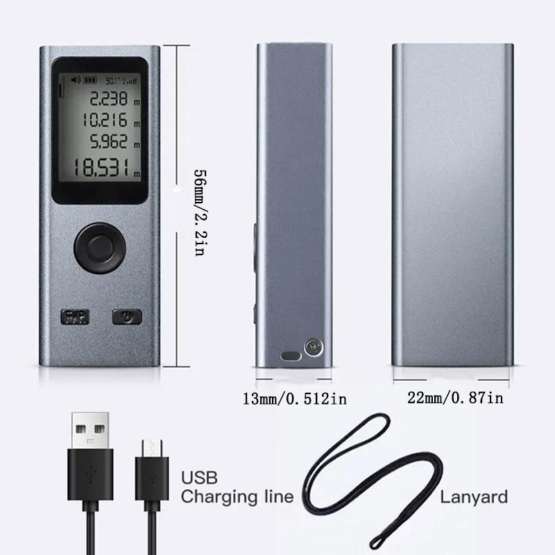 Mini Laser Rangefinder Digital Tape Measure Laser Ruler USB Charge Aluminum Alloy Fuselage Measuring Distance: 30/50/60m