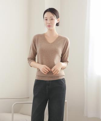 Keulleiseu 100% Wool V-Neck 3/4 Sleeve Knit_Brown