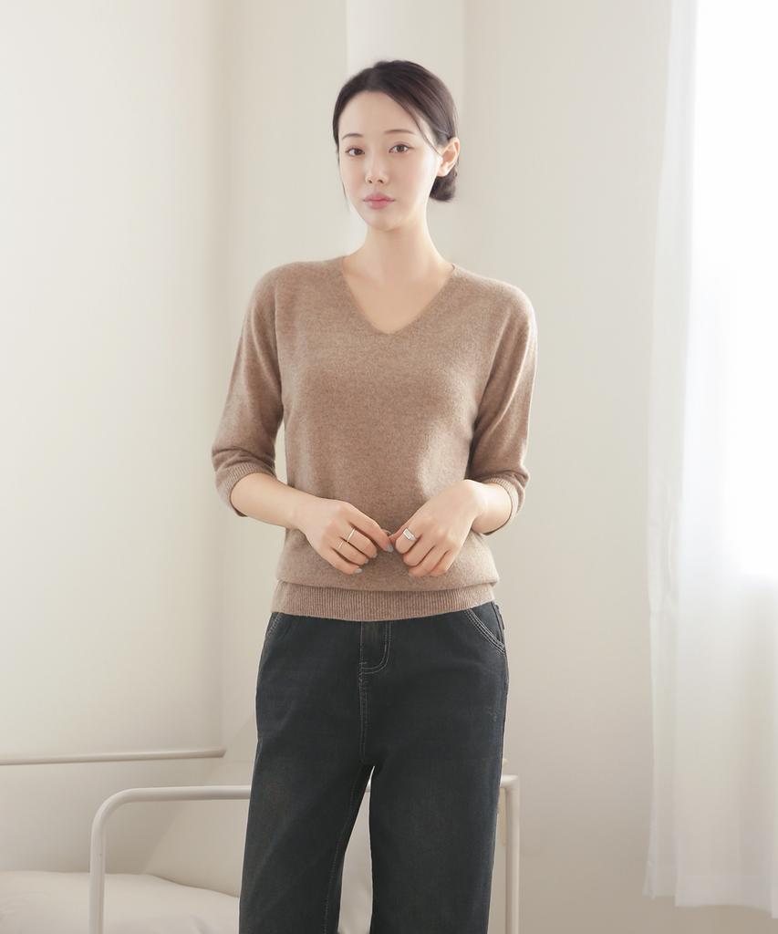 Keulleiseu 100% Wool V-Neck 3/4 Sleeve Knit_Camel