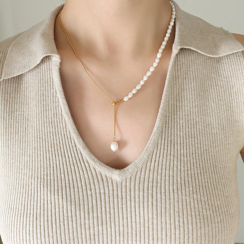 European Luxury Freshwater Pearl & Gold-Plated Titanium Snake Chain Adjustable Necklace