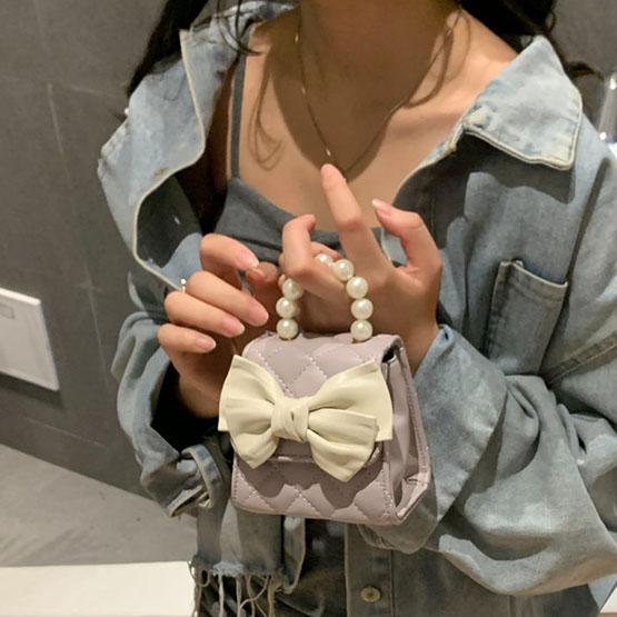 

Женская мини-сумка с жемчугом, однотонная универсальная сумка на одно плечо с бантом и ромбической сеткой, повседневная сумка 10*12*7cm фиолетовый