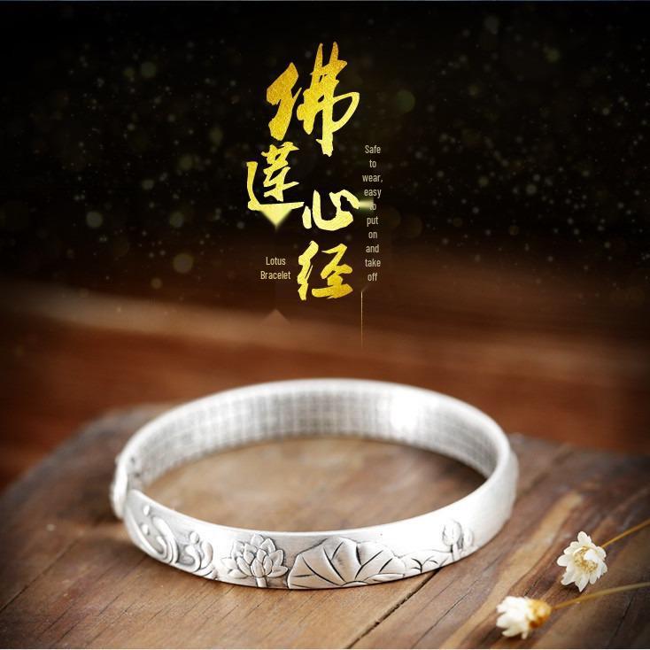 S999 Sterling Silver Lotus Heart Sutra Bracelet - Matte Silver Tassel, Openable Bangle for Women