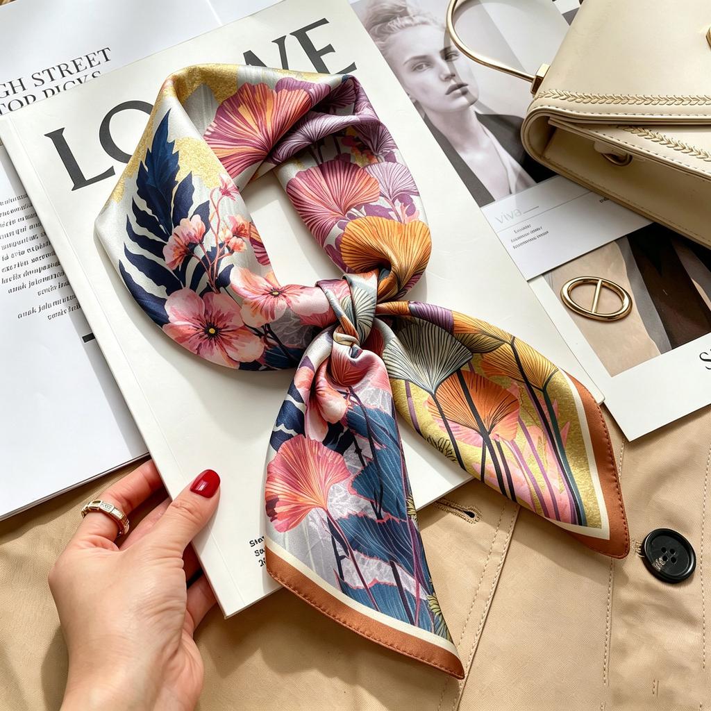 Commuter elegant flower silk scarf women's contrasting color retro printing satin scarf shirt with multi-purpose decorative small scarf