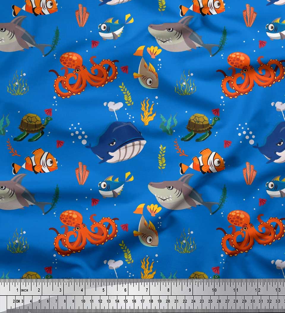 

Soimoi Japan Crepe Satin Тканина Корал, Кит і Медуза Океан Принт Швейна Тканина метр 42 дюйма 42 Inch Wide - Poly Crepe синій