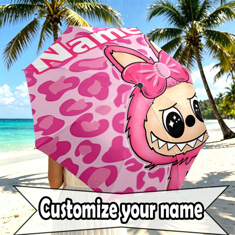 Custom Name Personalized Labubu Print Umbrella, Auto Open Close, 8‑Rib Sturdy Frame, Commute Camping Hiking Use, Birthday Gift