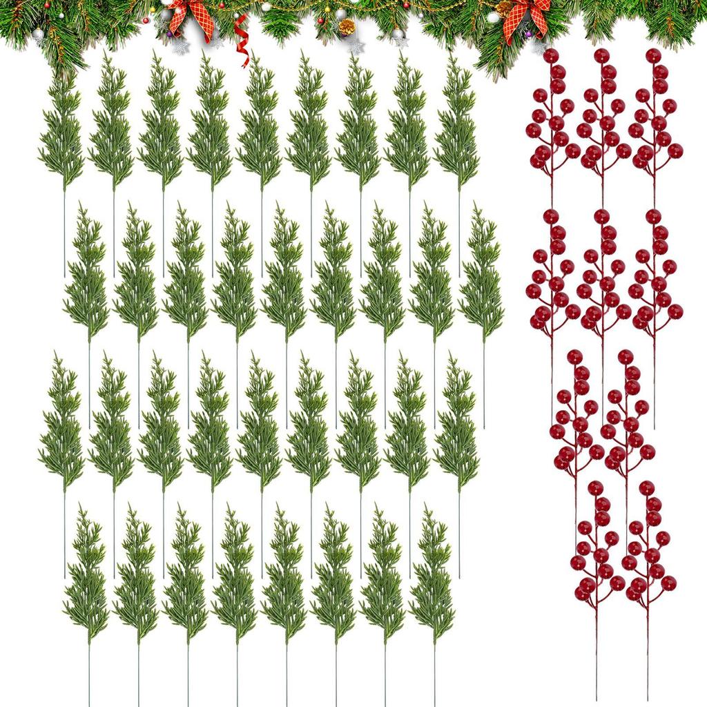 2025 Christmas Faux Pine Branches Artificial Christmas Red Berry Pine Stems Holiday Tree Decoration For Indoor Bedroom Office