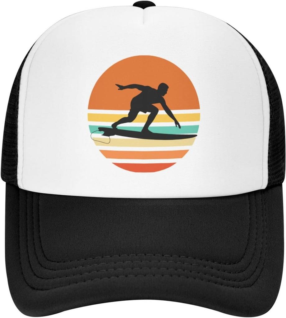 Surfer Sunset Retro Graphic Trucker Hat Polyester Mesh Adjustable Snapback Outdoor Sports Cap for Men Women